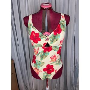 swimsuit one piece floral Vintage red hibiscus cutouts
